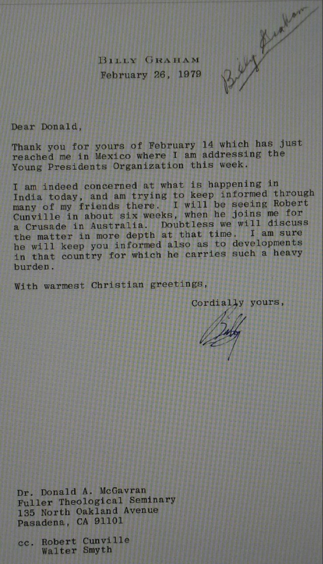 Billy Graham to McGavran Letter
