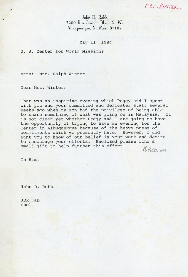John Robb to RHW Letter 5 11 1984