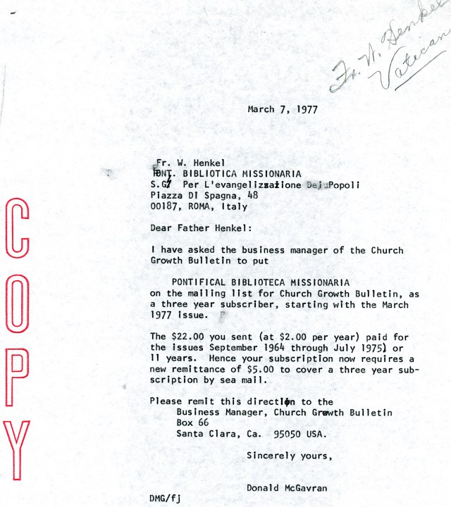 McGavran to Vatican Letter 3 7 1977