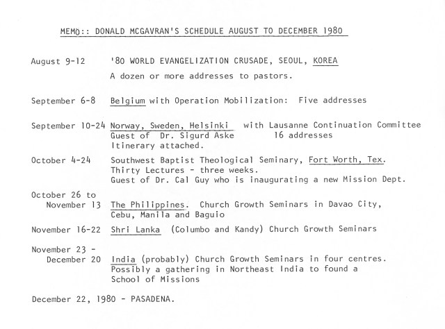 McGavran Travel Itinerary Fall 1980