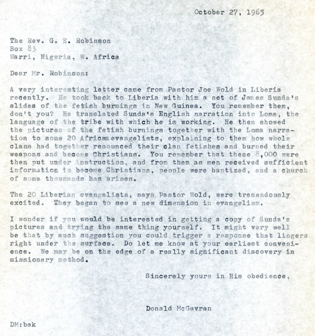 McGavran to Nigerian Pastor Letter 10 27 1965