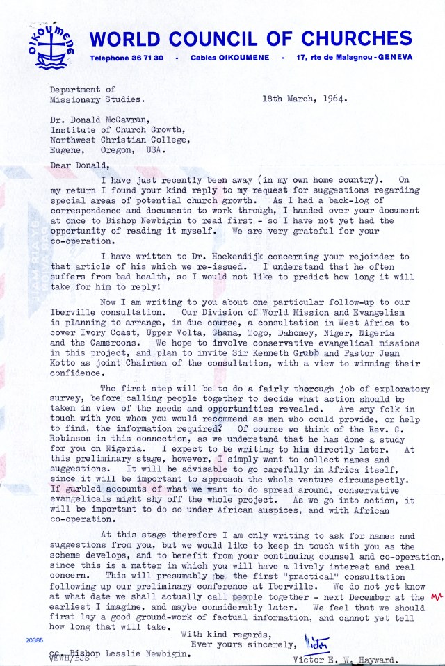 Victor Hayward to McG Letter 3 18 1964 p1