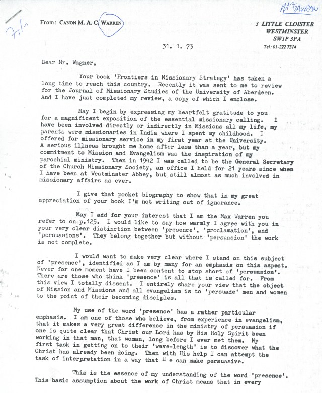 Canon Max Warren to Peter Wagner Letter 1 31 1973 p1