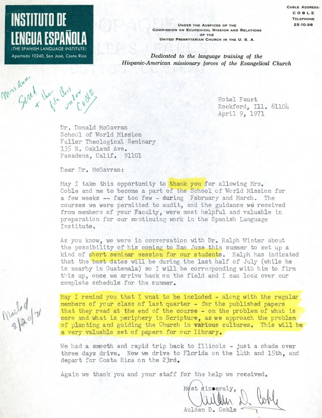 Aulden Coble to McG Letter 4 9 1971