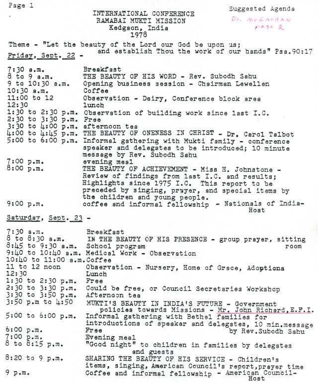Ramabai Mukti Mission Conference Schedule September 1978 p1