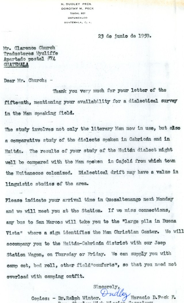 Dudley Peck to Clarence Church Letter 6 23 1959