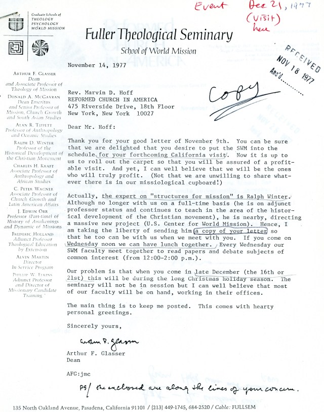Arthur Glasser to Marvin Hoff Letter 11 14 1977