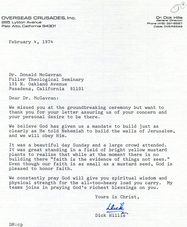 Dick Hillis to McG Letter 2 4 1974