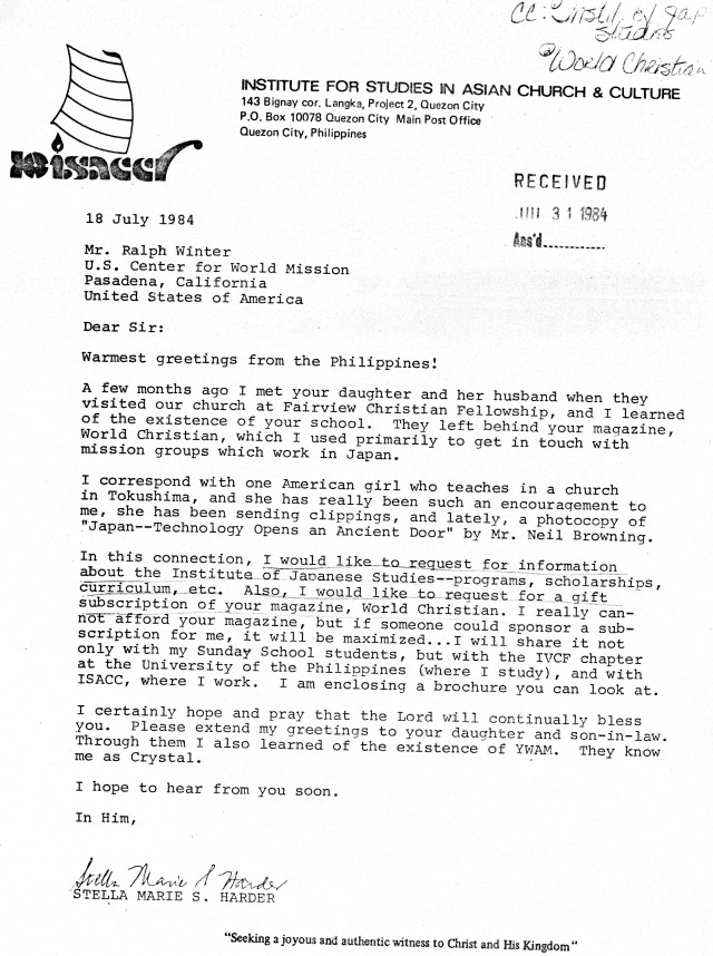 Stella Marie Harder to RDW Letter 7 18 1984