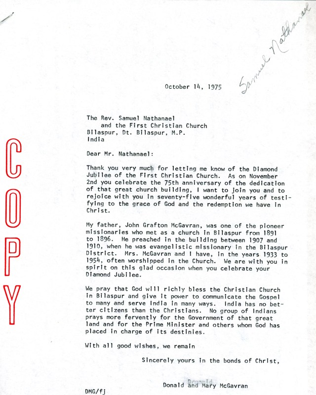 McG to Samuel Nathanael Letter 10 14 1975