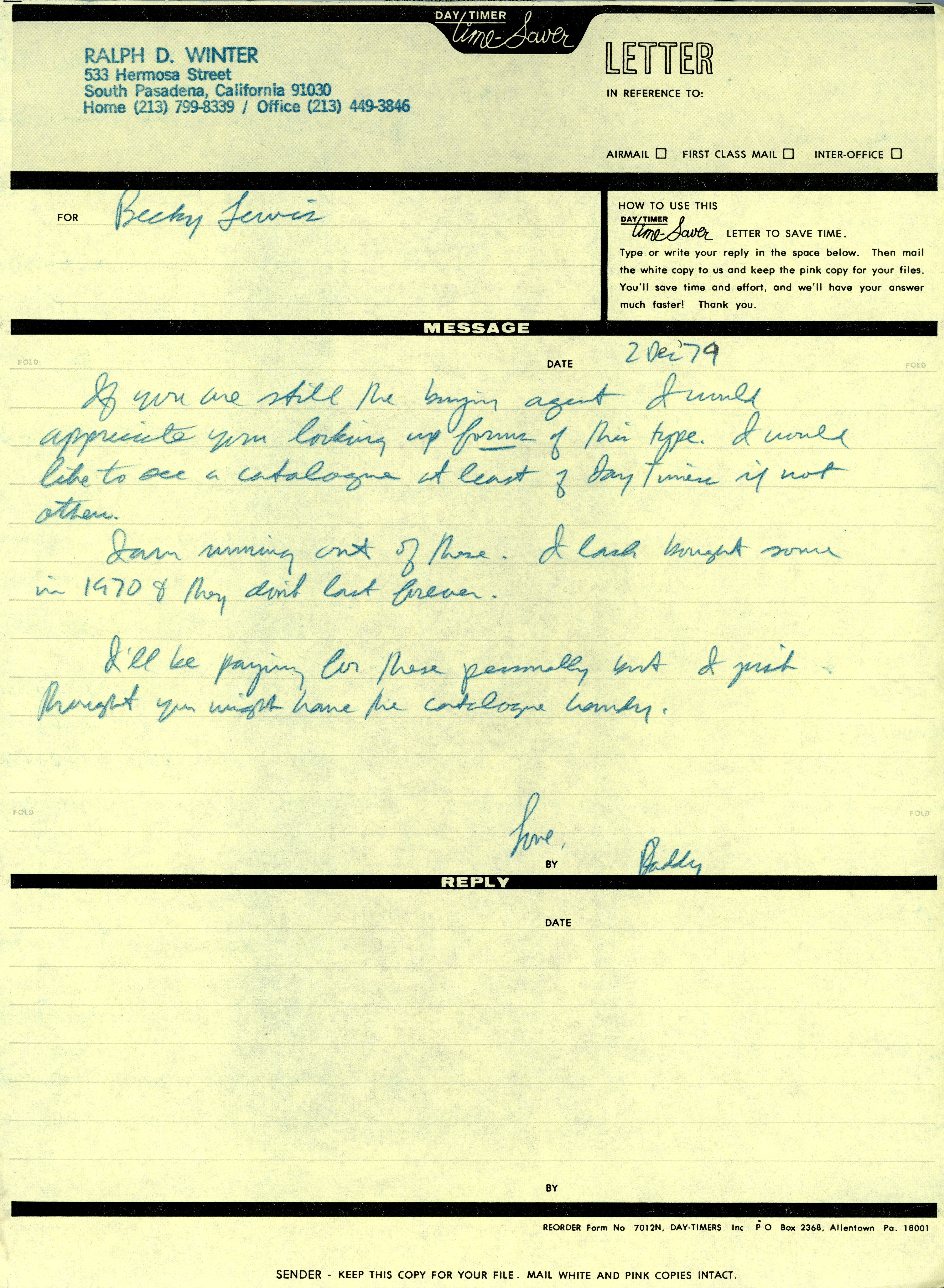 RDW to Becky Lewis Note 12 2 1979