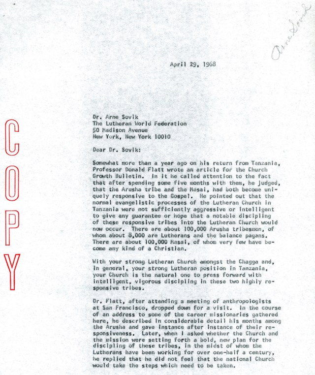 McG to Arne Sovik Letter 4 29 1968 p1