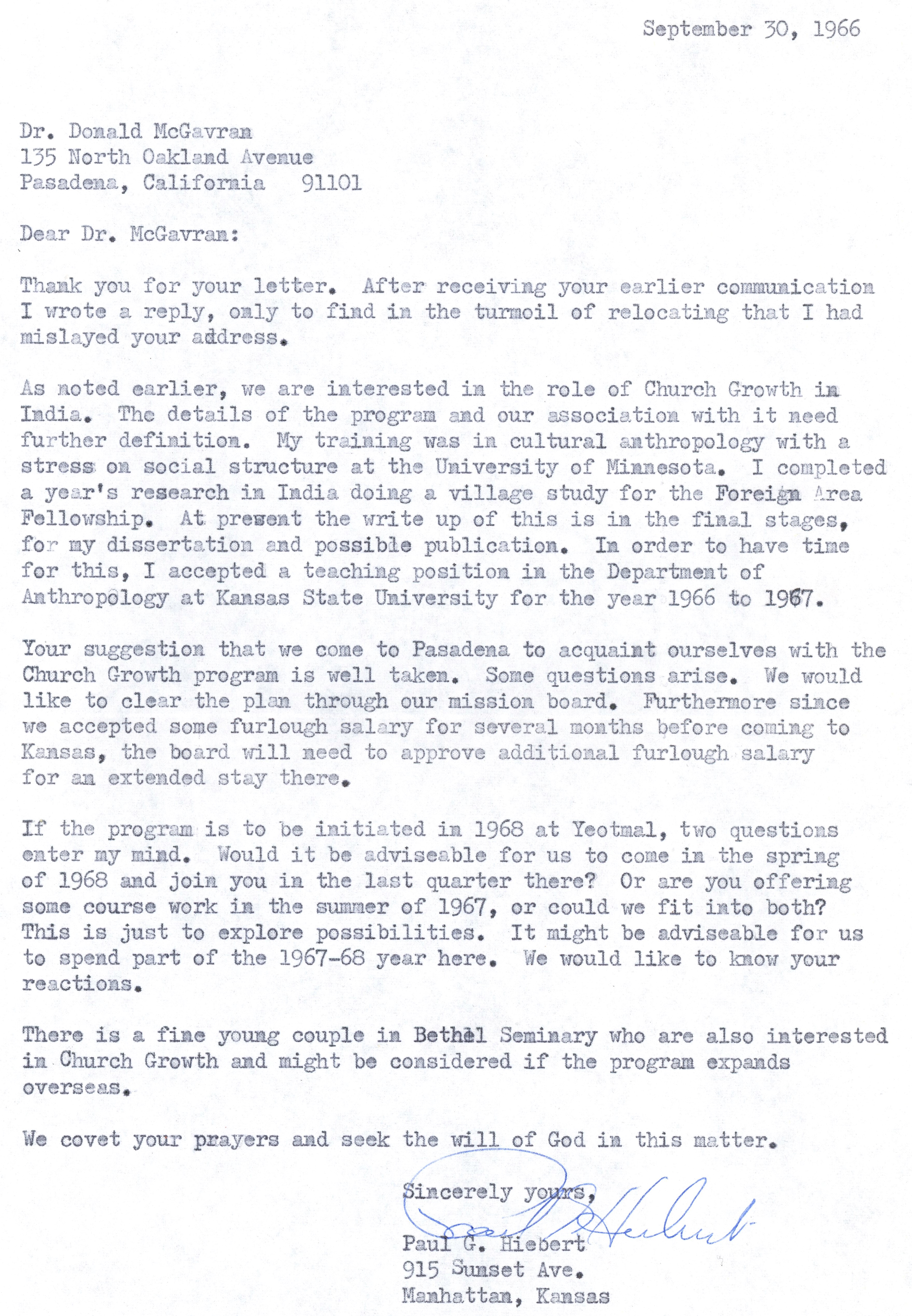 Paul Hiebert to McG Letter 9 30 1966