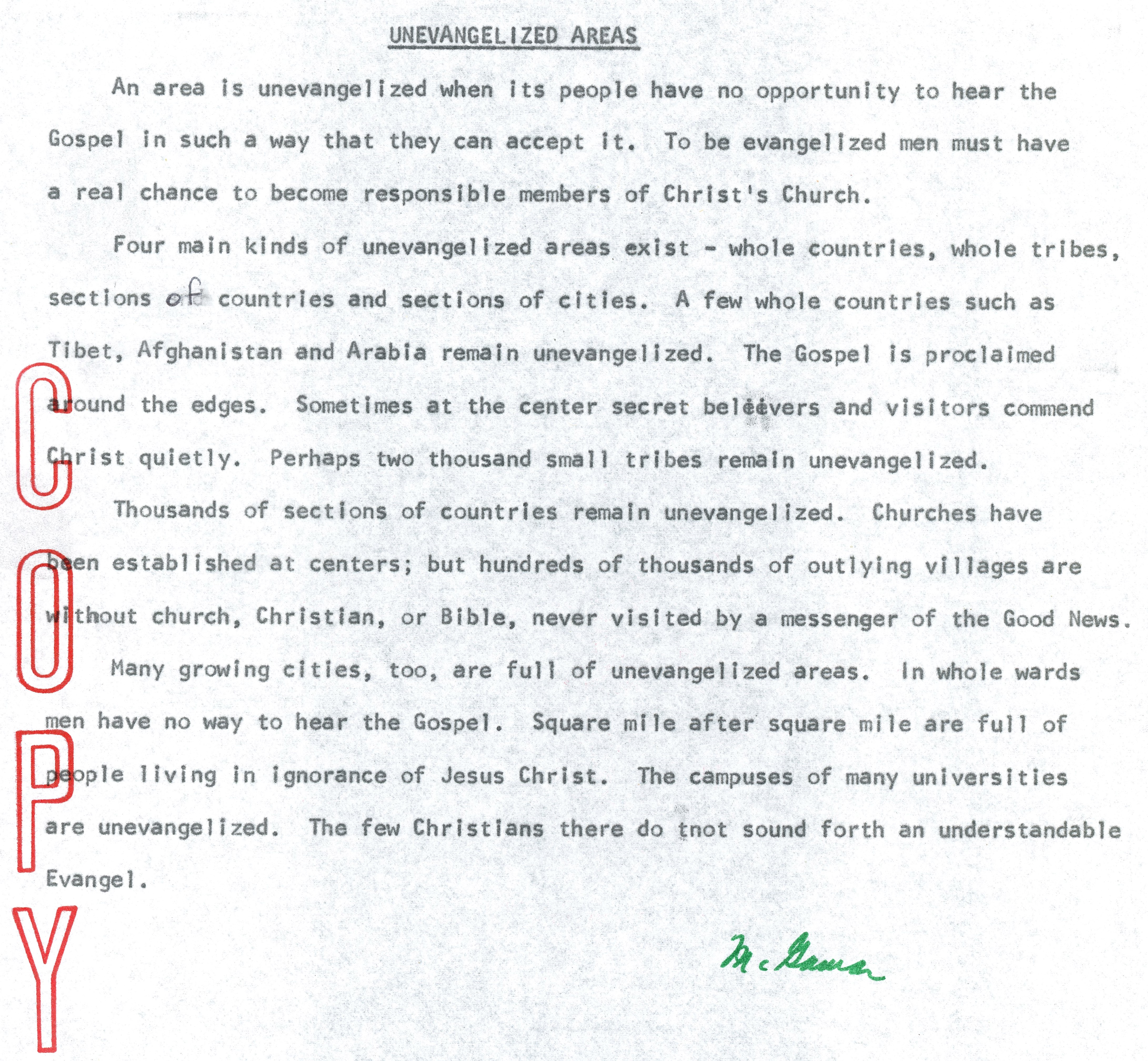 Unevangelized Areas by McG 1966